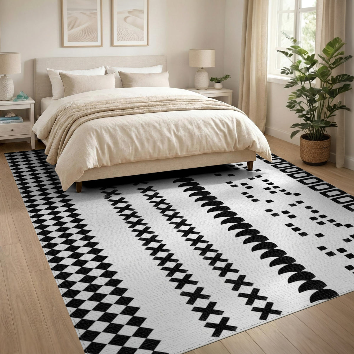 Black White Geometric Striped Area Rug