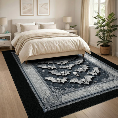 Black and White Gothic Skull Bat Black White Area Rug