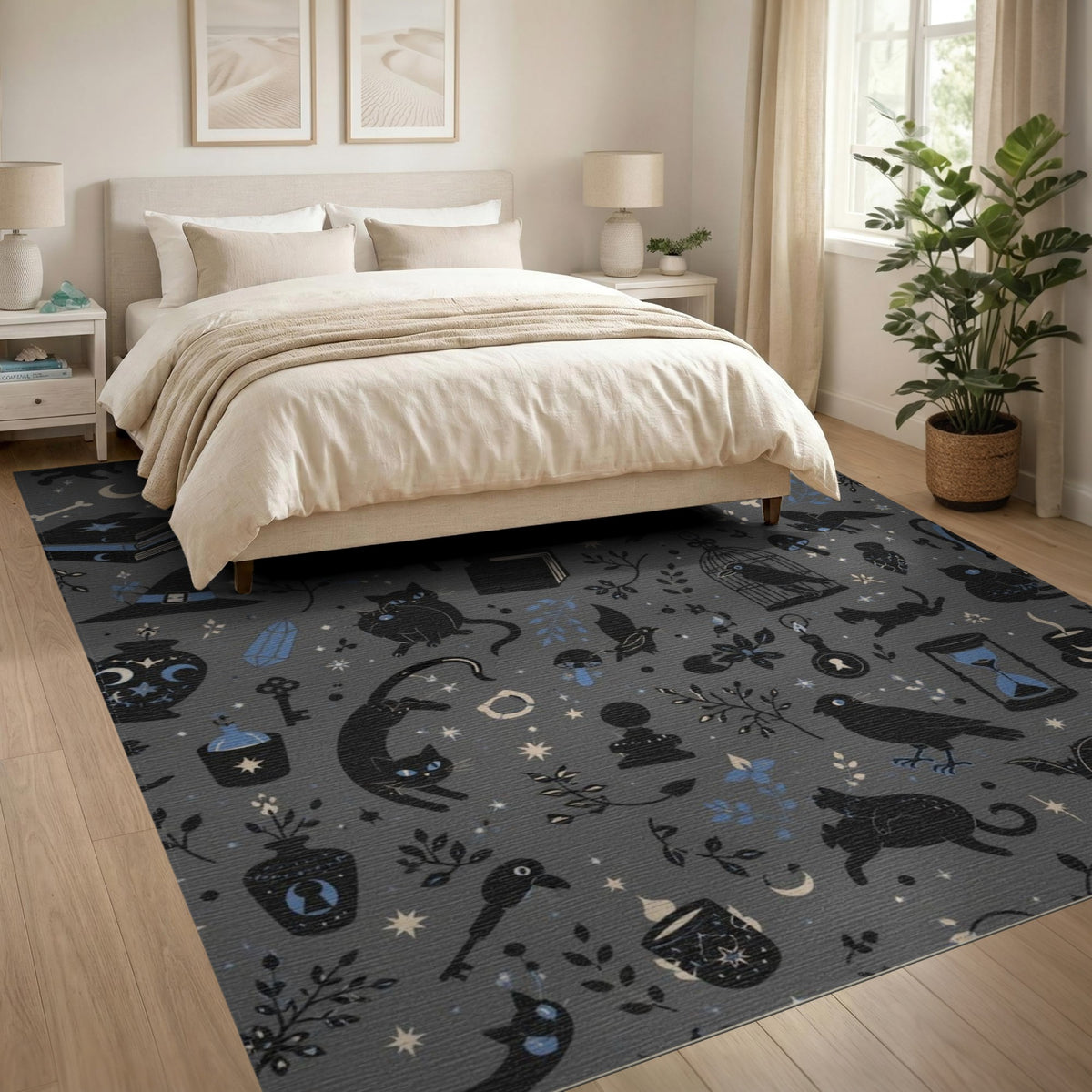 Mystical Black Cat Grey Washable Area Rug