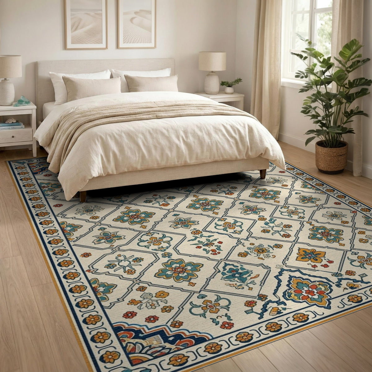 Blue Teal Floral Vintage Area Rug