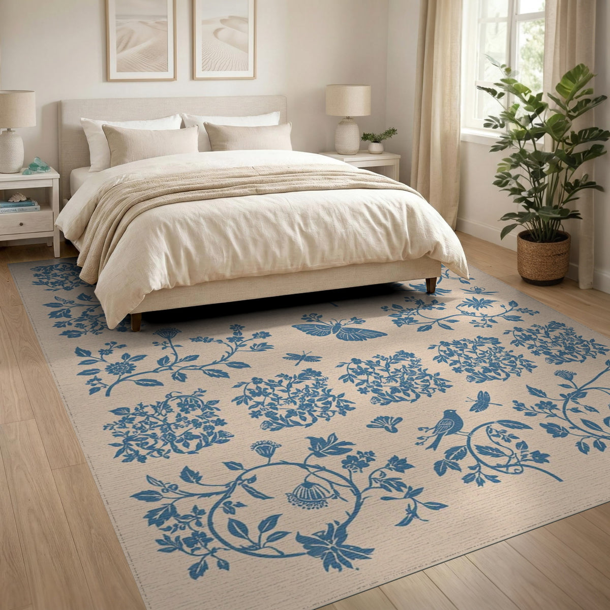 Blue and Teal Blue Floral Bird Vintage Area Rug