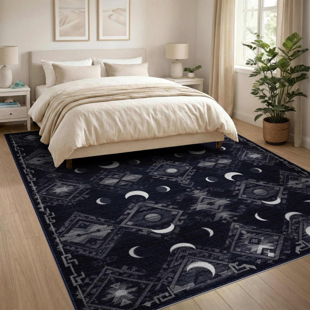 Black White Moon Phase Tribal Area Rug