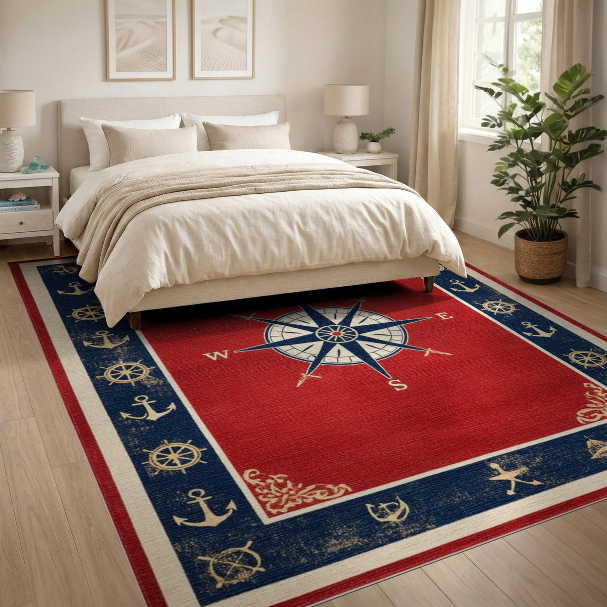 Red Nautical Compass Area Rug with Anchors