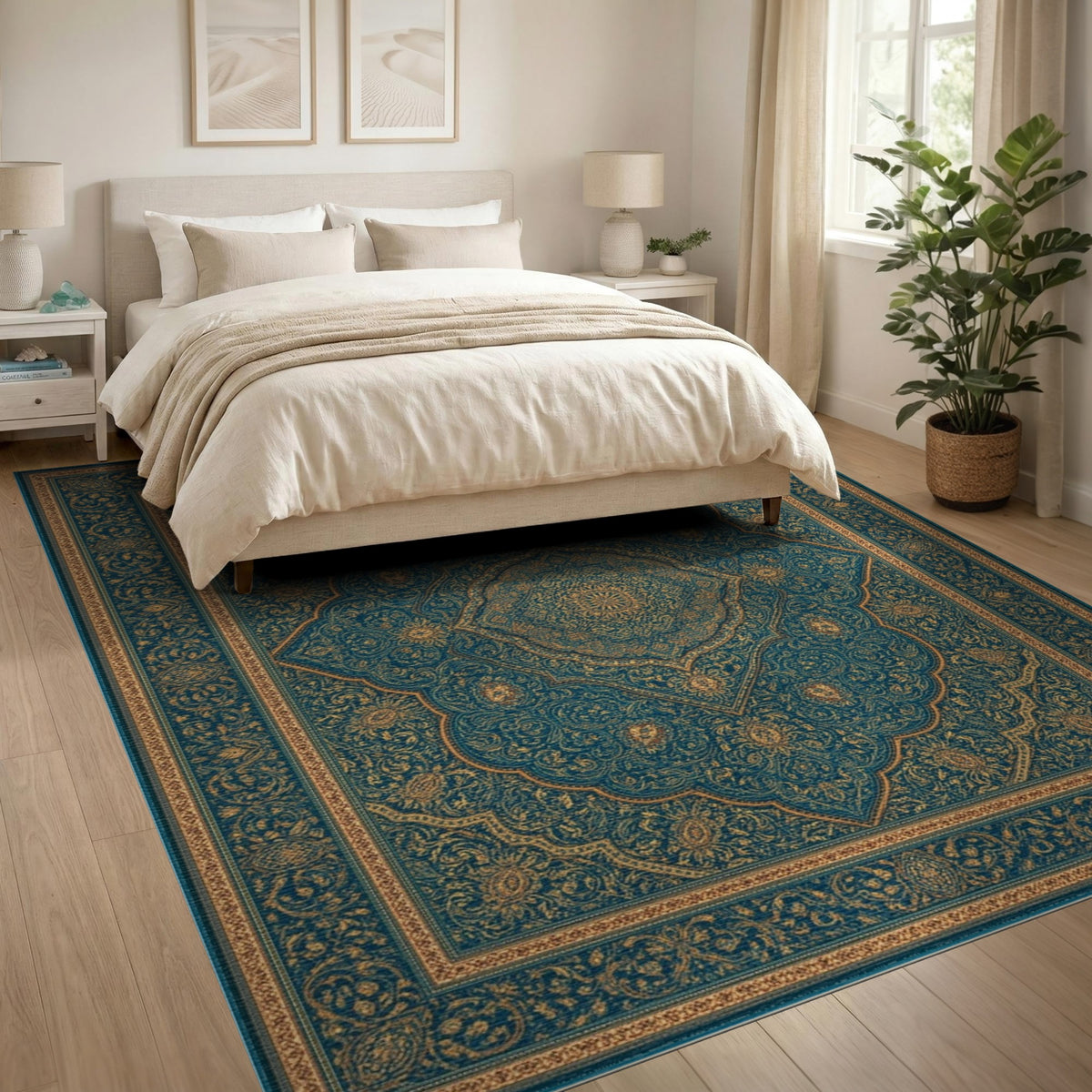 Teal Gold Persian Medallion Traditional Persian Area Rug
