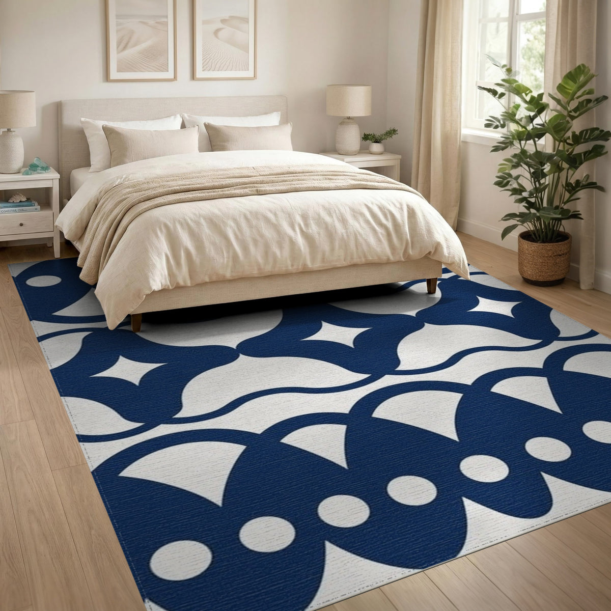 Navy Blue Geometric Scalloped Area Rug