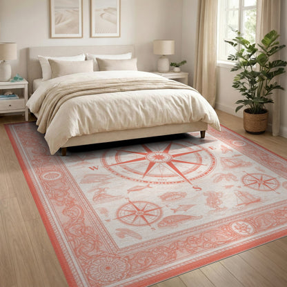 Red Vintage Compass Nautical Area Rug