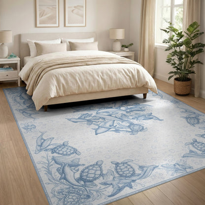 Blue Ocean Marine Life Washable Area Rug