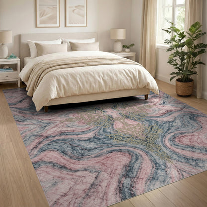 Pink Marble Gold Filigree Area Rug
