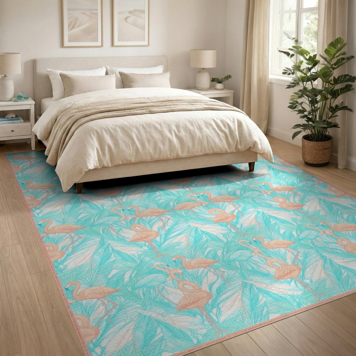 Pink Flamingo Teal Palm Washable Area Rug