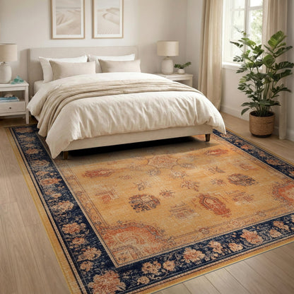 Beige Distressed Vintage Area Rug with Navy Border