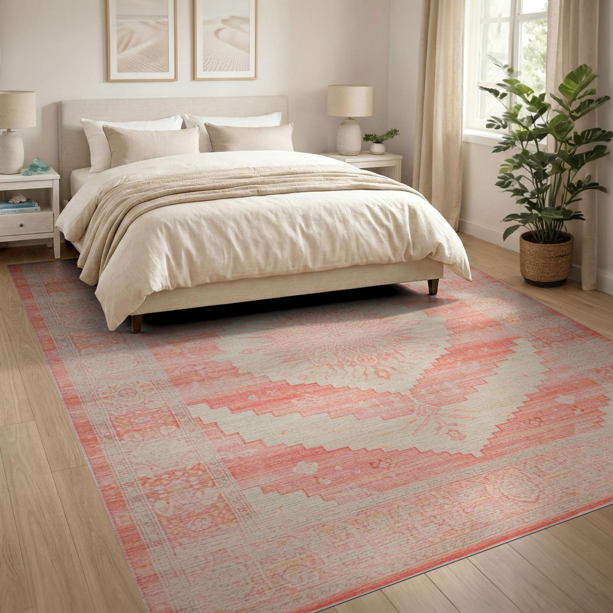 Pink Distressed Vintage Medallion Area Rug