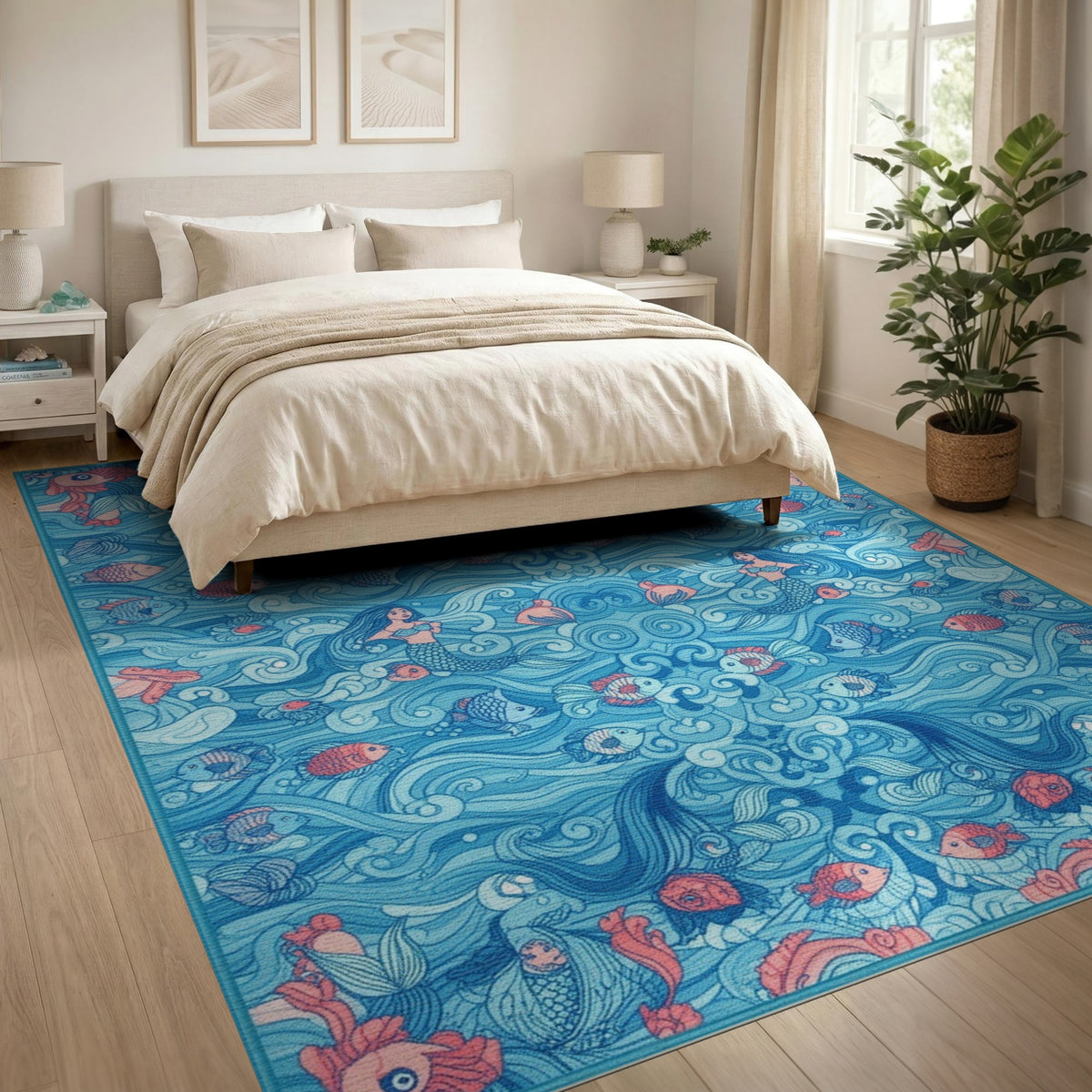 Blue Mermaid Ocean Waves Area Rug