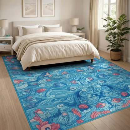 Blue Mermaid Ocean Waves Area Rug