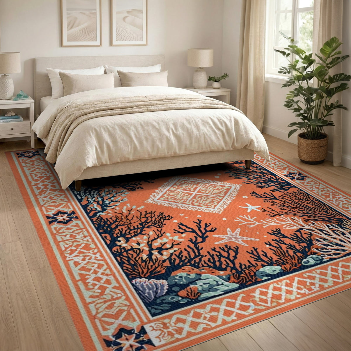Orange Coral Starfish Coastal Area Rug