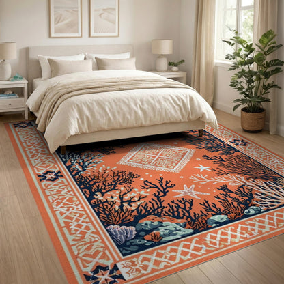 Orange Coral Starfish Coastal Area Rug
