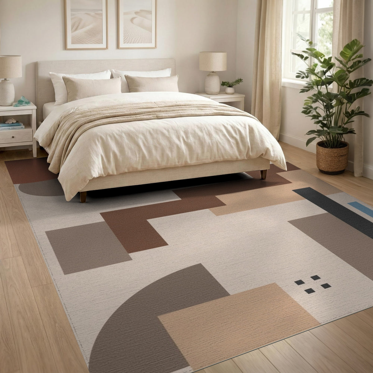 Modern Geometric Beige Area Rug with Brown Steps