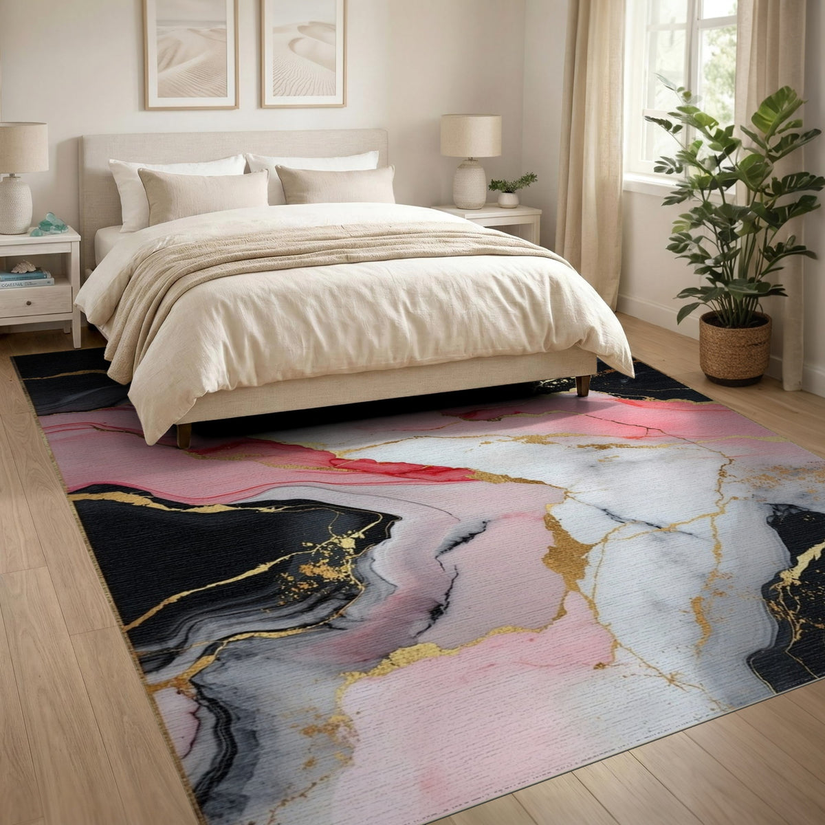 Pink Black Abstract Marble Area Rug with Gold Accents
