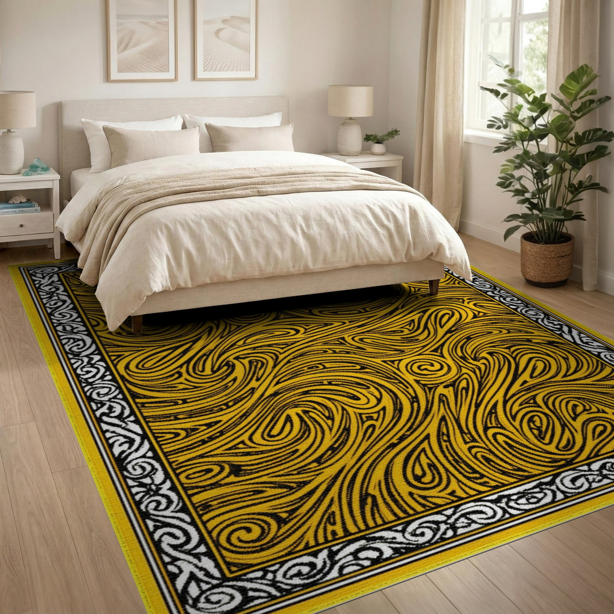 Bold Yellow Swirl Abstract Area Rug
