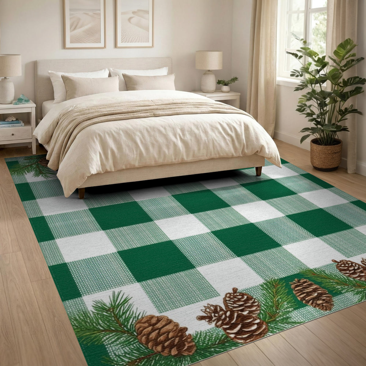 Green Gingham Pinecone Rustic Area Rug