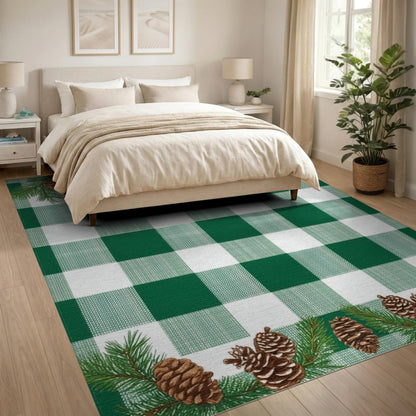 Green Gingham Pinecone Rustic Area Rug