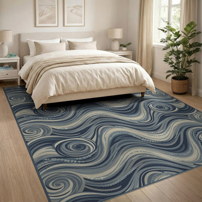 Abstract Area Blue and Teal Blue Swirl Wave Area Rug