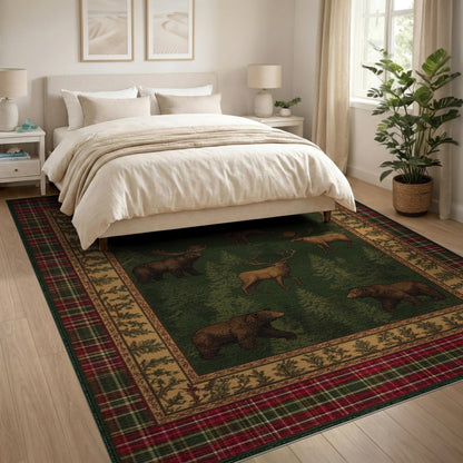 Rustic Bear Moose Forest Plaid Area Rug