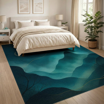 Midnight Teal Mountain Moon Area Rug