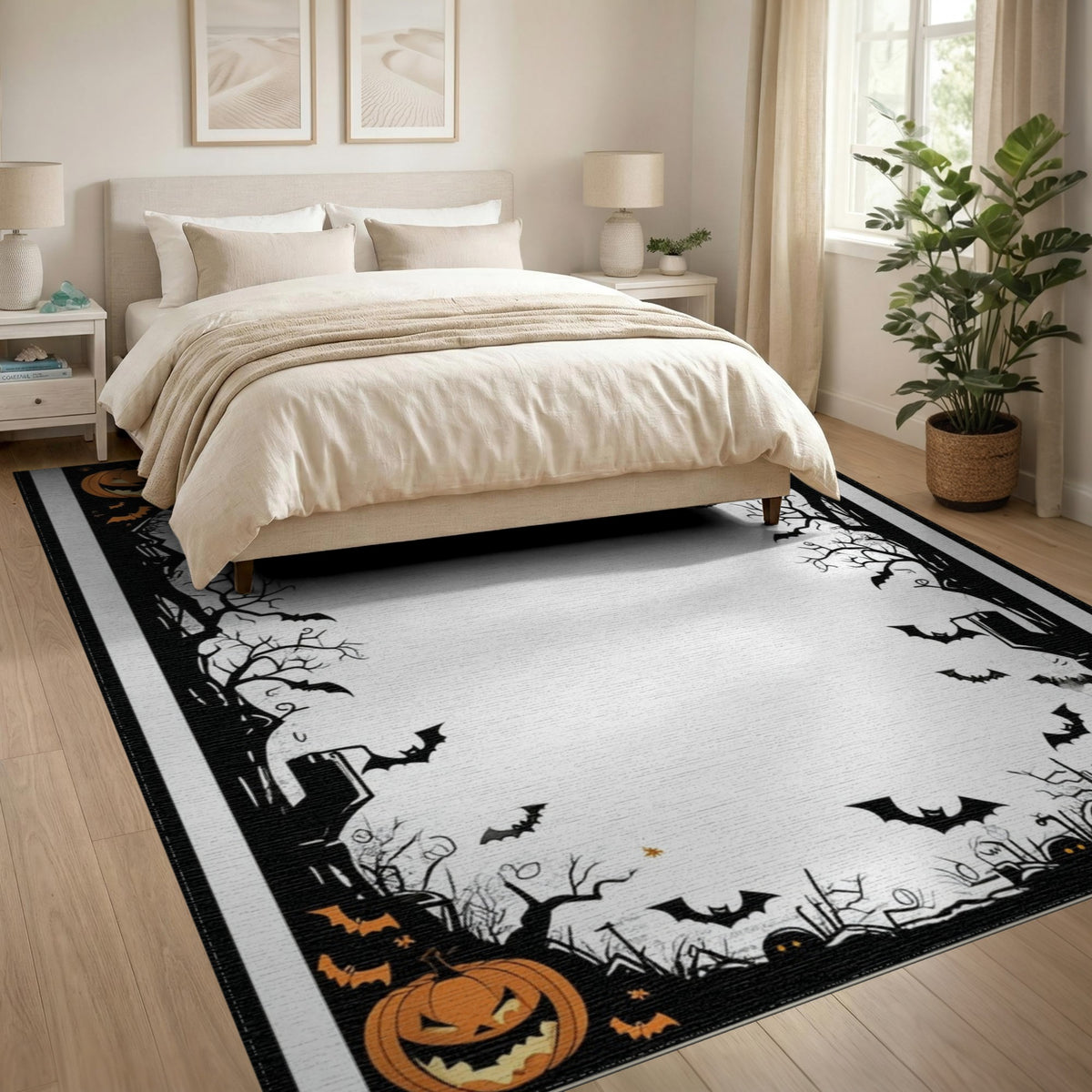 Spooky Halloween Pumpkins and Bats Area Rug