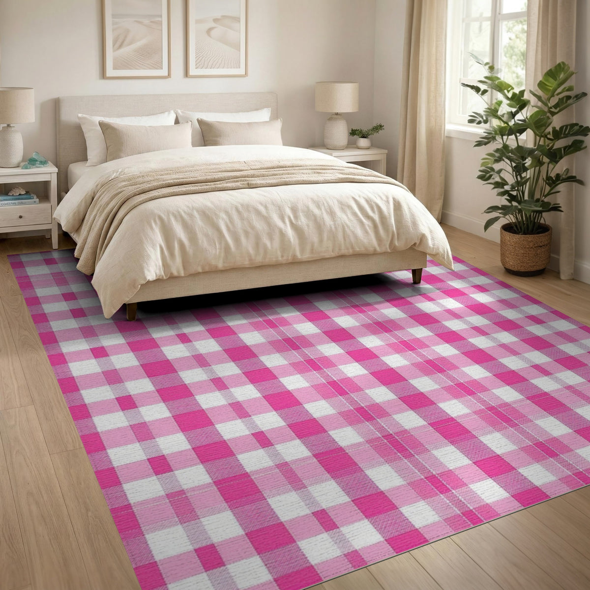 Pink Rustic Farmhouse Pink Gingham Check Washable Area Rug