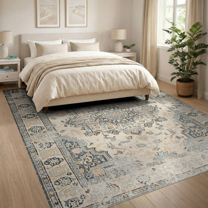 Beige and Neutral Vintage Beige Persian Medallion Area Rug