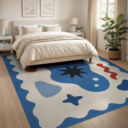 Abstract Blue Star Area Rug with Wavy Border