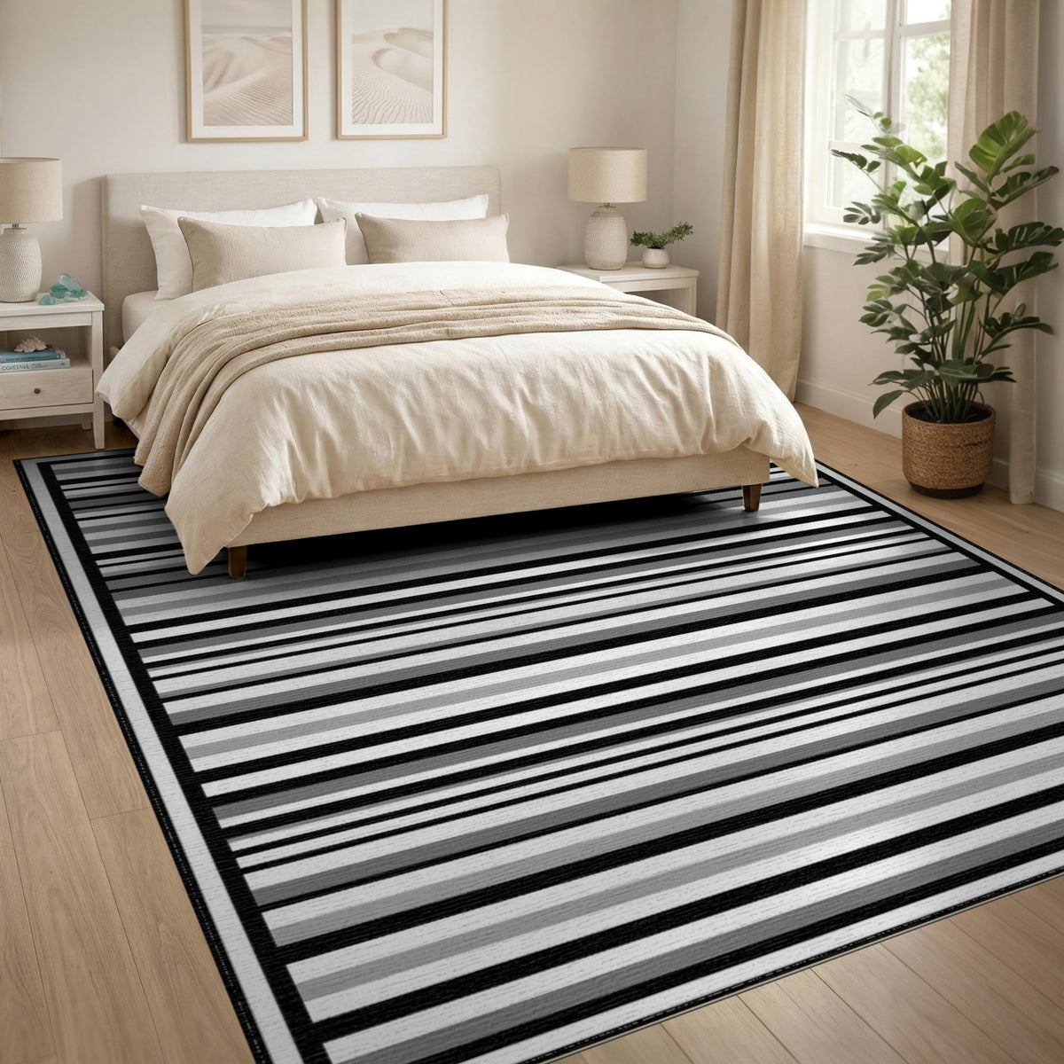 Black White Horizontal Stripe Geometric Rug