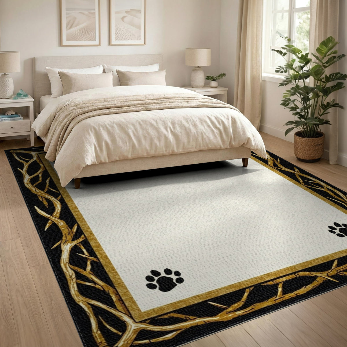 Black Paw Print Gold Branch Area Rug