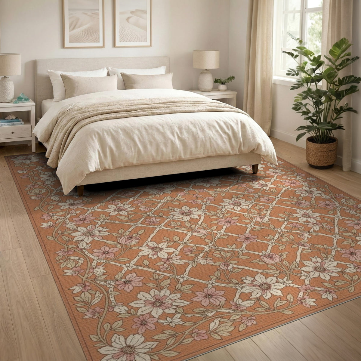 Orange Floral Lattice Vintage Area Rug