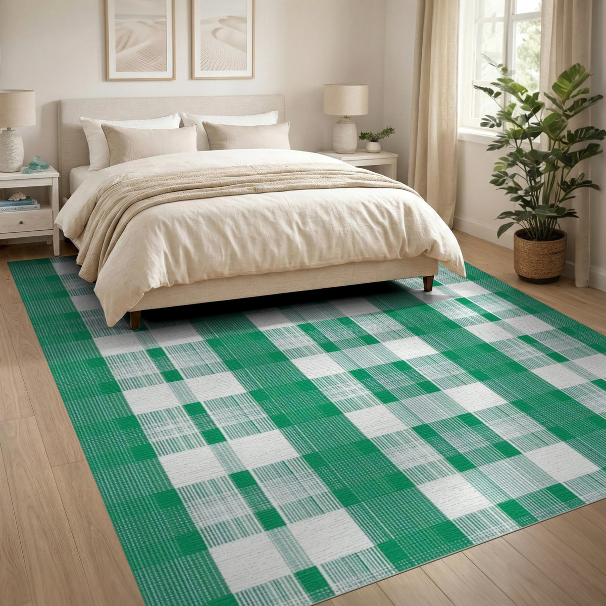 Green Checkered Washable Green Area Rug