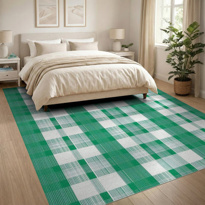 Green Checkered Washable Green Area Rug