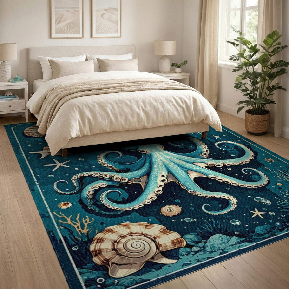Coastal Beach Blue Octopus Coastal Area Rug