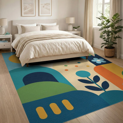 Smiling Sun Blue Teal Kids Cartoon Washable Area Rug