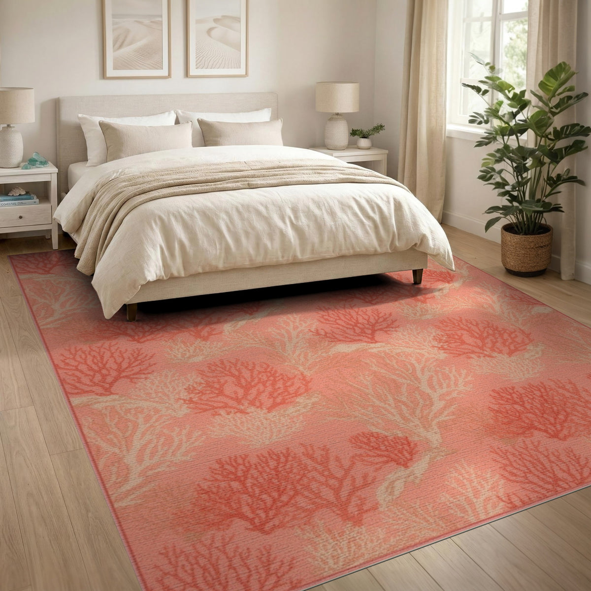 Pink Coastal Beach Pink Coral Reef Coastal Area Rug