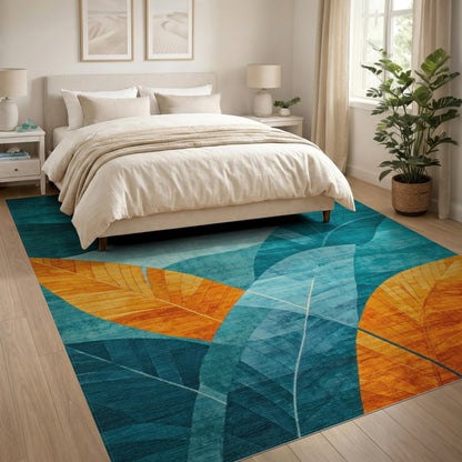 Teal Blue Abstract Leaf Area Rug