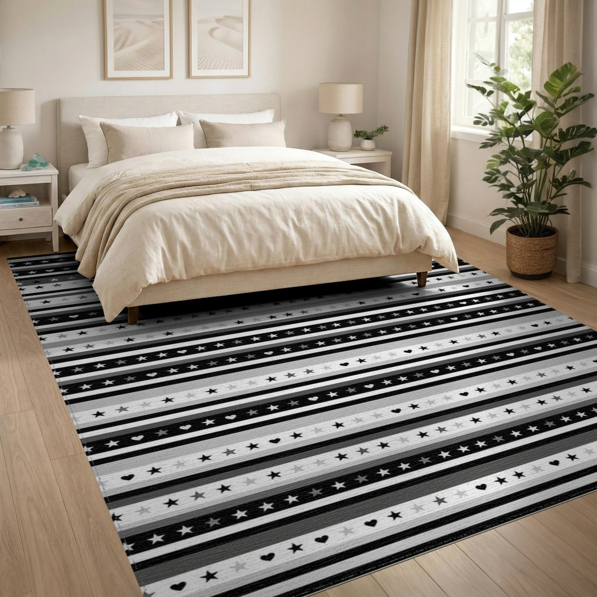 Black White Striped Stars and Hearts Area Rug