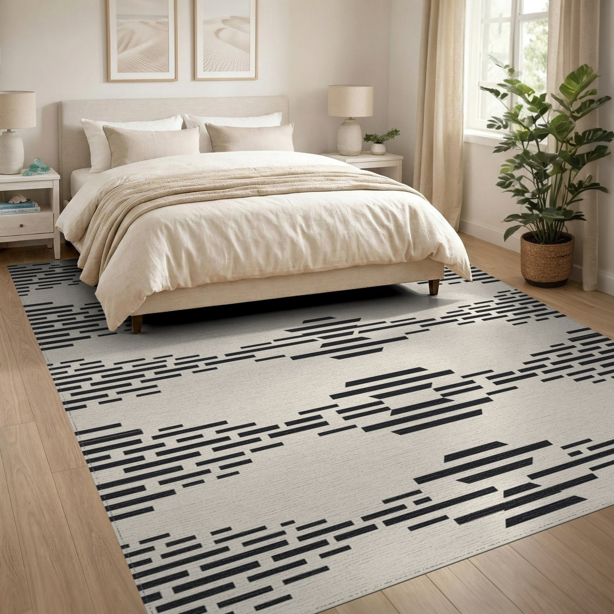 Black Geometric Washable Area Rug