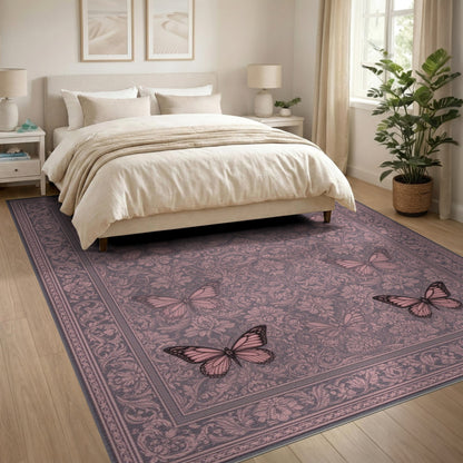 Pink Butterfly Floral Vintage Area Rug