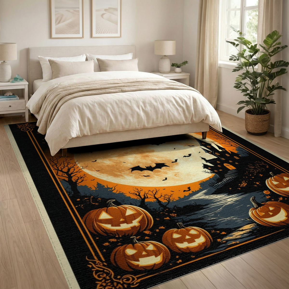 Orange Spooky Halloween Castle Area Rug
