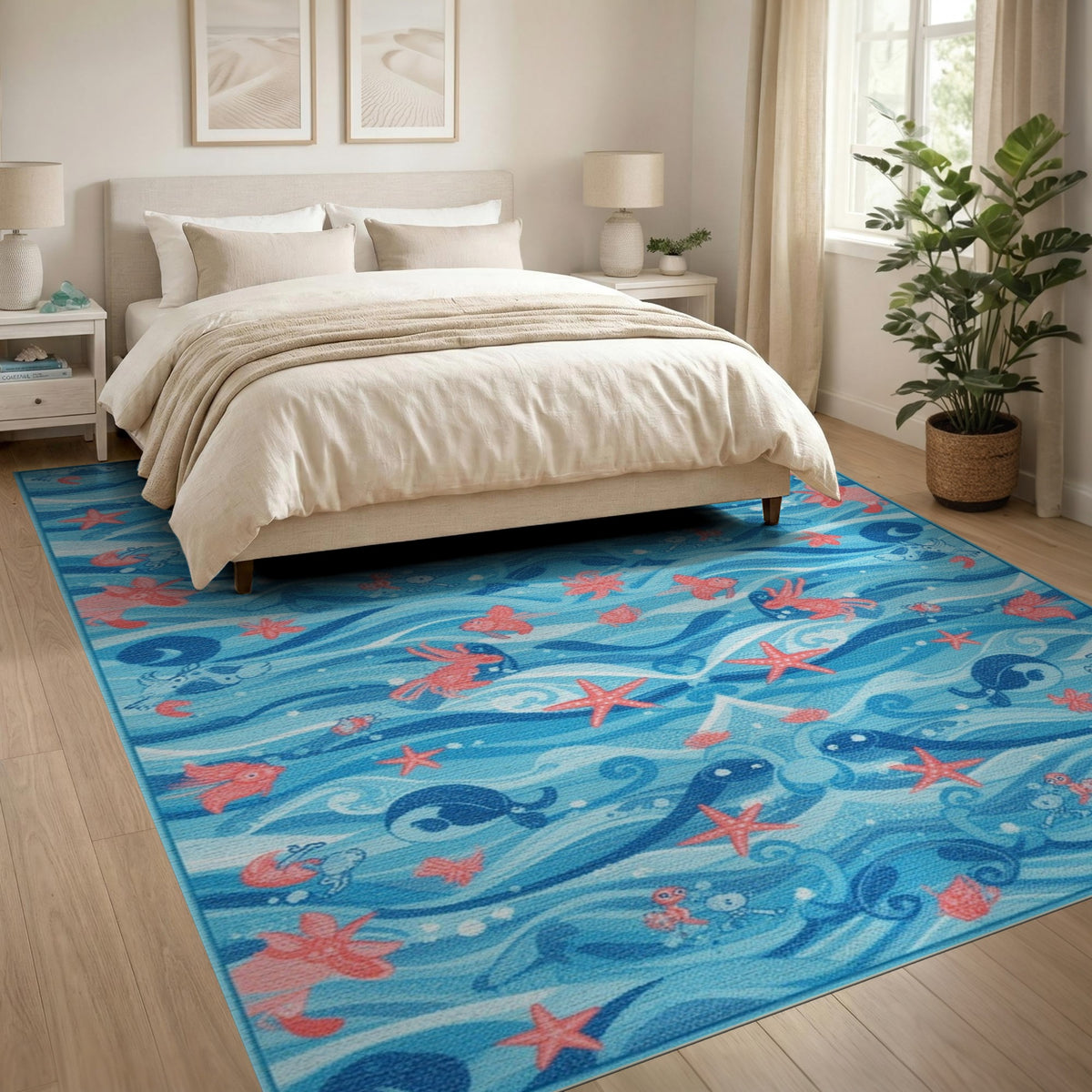 Blue Ocean Waves Sea Life Area Rug