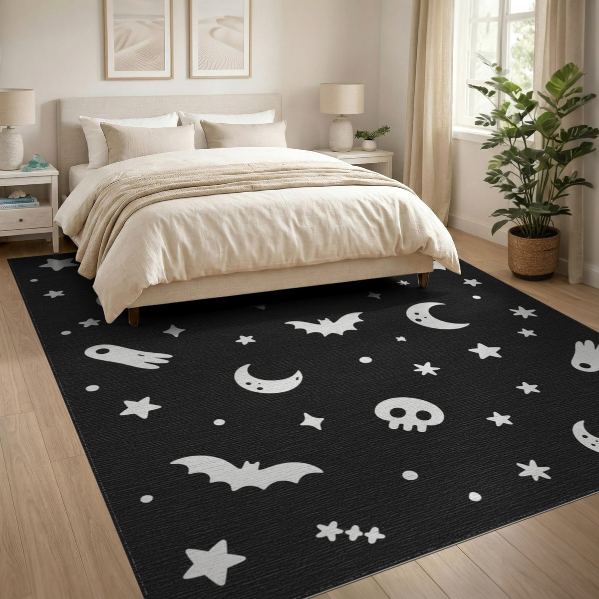 Black White Halloween Bats Skulls Area Rug
