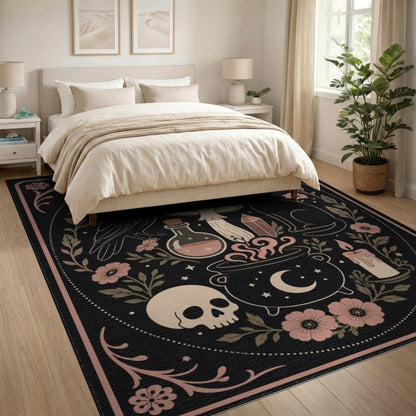 Black and White Mystical Black Cat Cauldron Area Rug