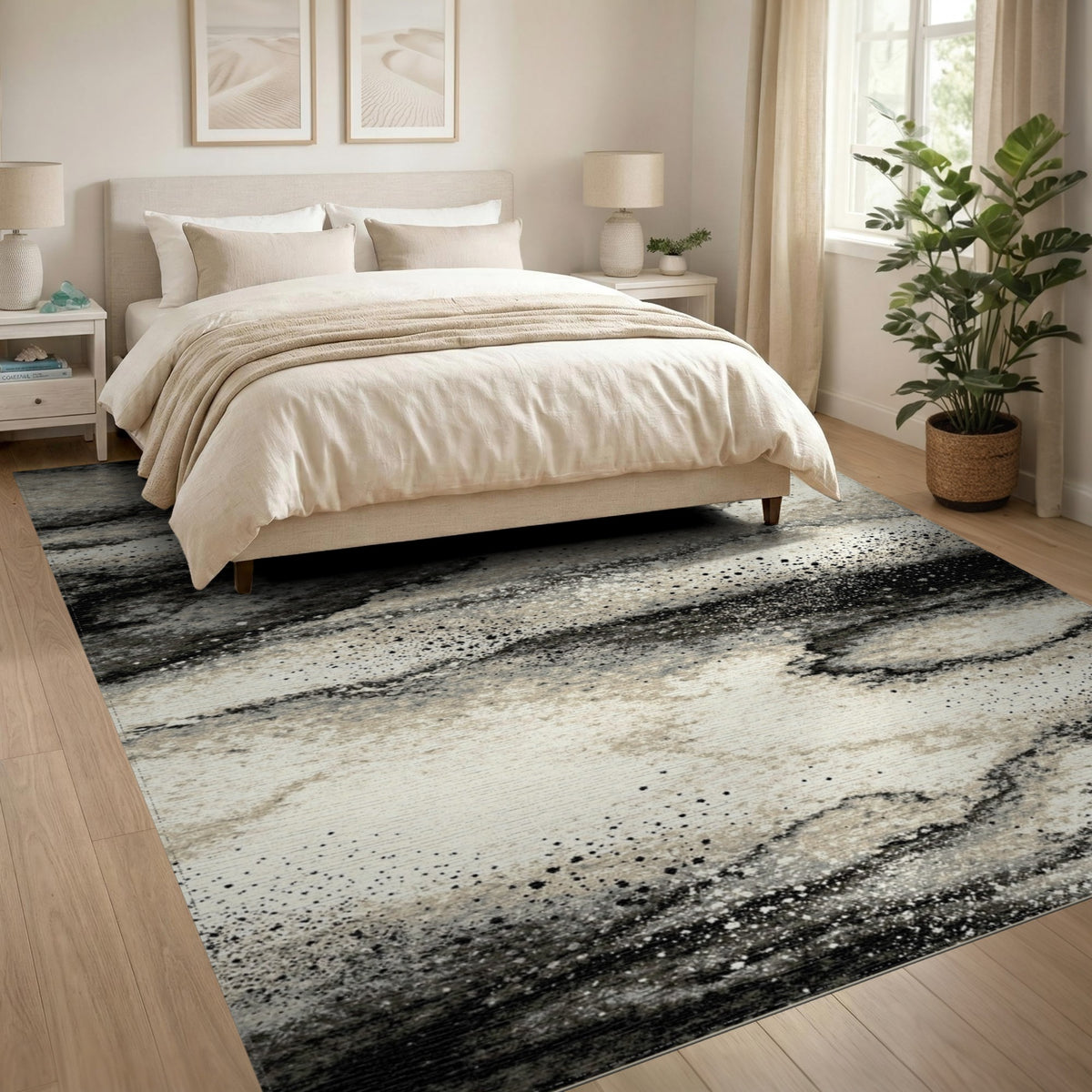 Black White Abstract Marble Area Rug