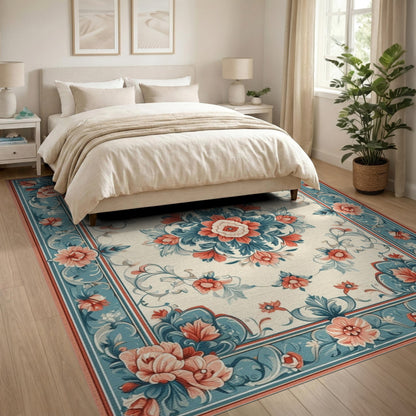 Blue Teal Floral Vintage Medallion Rug