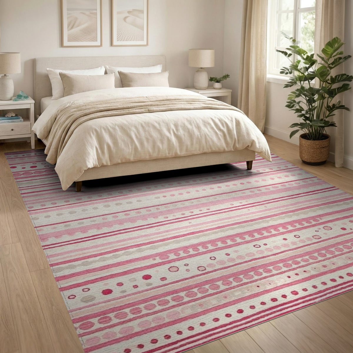 Pink Geometric Striped Dot Area Rug